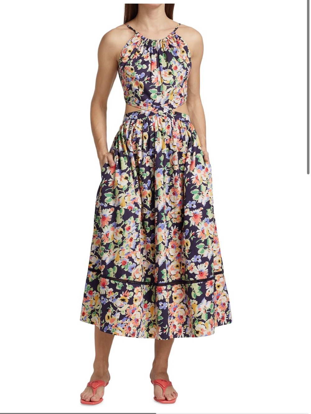 Something Navy Vacation Floral Cut Out Cotton Midi Dress Large New W Tags!